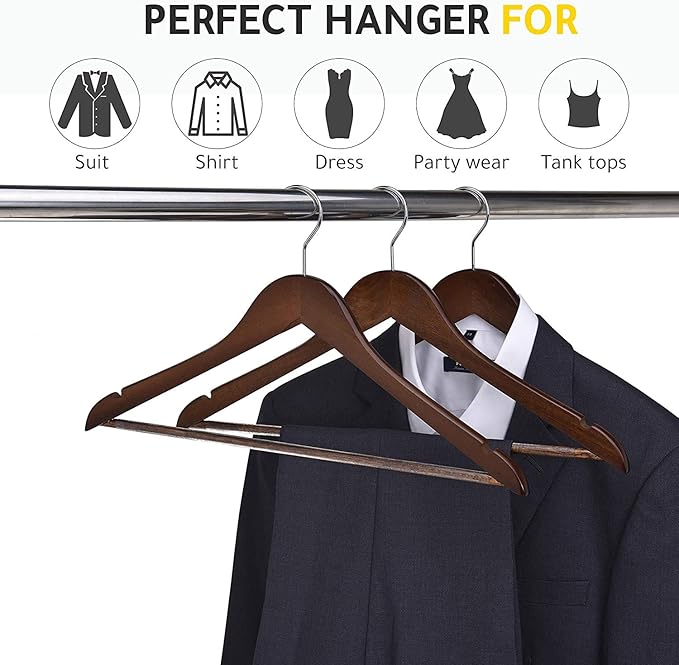 Quality Wooden Hangers - Slightly Curved Hanger 80 Pack Sets - Solid Wood Coat Hangers with Stylish Chrome Hooks - Heavy-Duty Clothes, Jacket, Shirt, Pants, Suit Hangers Walnut - Chrome Hook