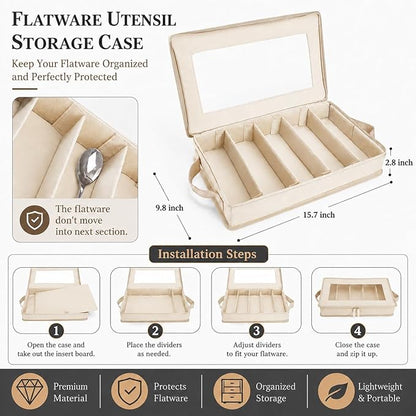Joyfol Day Flatware Utensil Storage Case, Beige Silverware Storage Box Chest with Adjustable Dividers, Removable Cutlery Storage Holder with Zipper Lid for Organizing Spoon/Flatware/Knives