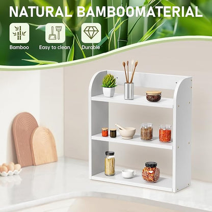 ROMGUAR CRAFT 3 Tier Bamboo Spice Rack, Countertop or Wall Mounting Wood Spice Jars Organizer Shelf for Kitche, Pantry (White)