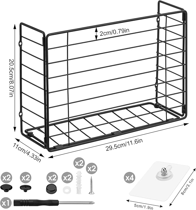 Lonian Wall Mounted Storage Basket, Black Metal Wire Kitchen Wrap Organizer Rack, Heavy Duty Hanging Basket for Cabinet Door, Pantry, Cutting Boards, Foil, and Cleaning Supplies