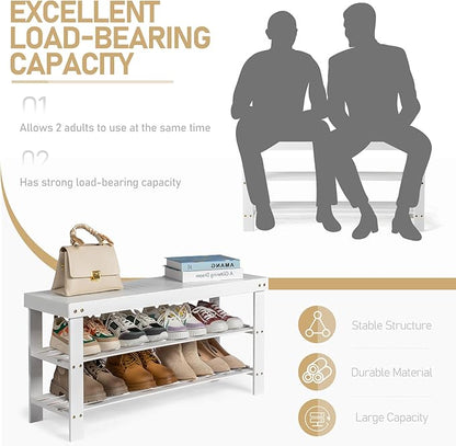 3 Tier Bamboo Shoes Rack,Narrow Vertical Shoes Rack,Freestanding Shoe Organizer Shelf,Shoe Rack Storage Organizer,with Shelves,for Closet, Entryway, Front Door Entrance, Bedroom, Hallway (White)