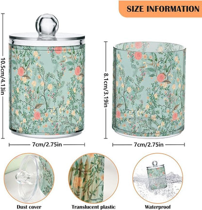 Vintage Floral Green 2 Pack Qtip Holder Dispenser for Cotton Ball, Swab, Pads - Clear Plastic Apothecary Jars with Lids for Bathroom Organizer, 10 oz