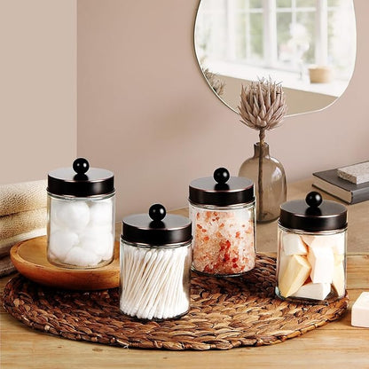 Amolliar 4Pc Apothecary Jars Bathroom Vanity Storage Organizer-Countertop Canister & Stainless Steel Lids &Cute Stickers -Qtip Dispenser Holder for Qtips,Cotton Swabs,Makeup Sponge(Oil Rubbed Bronze)