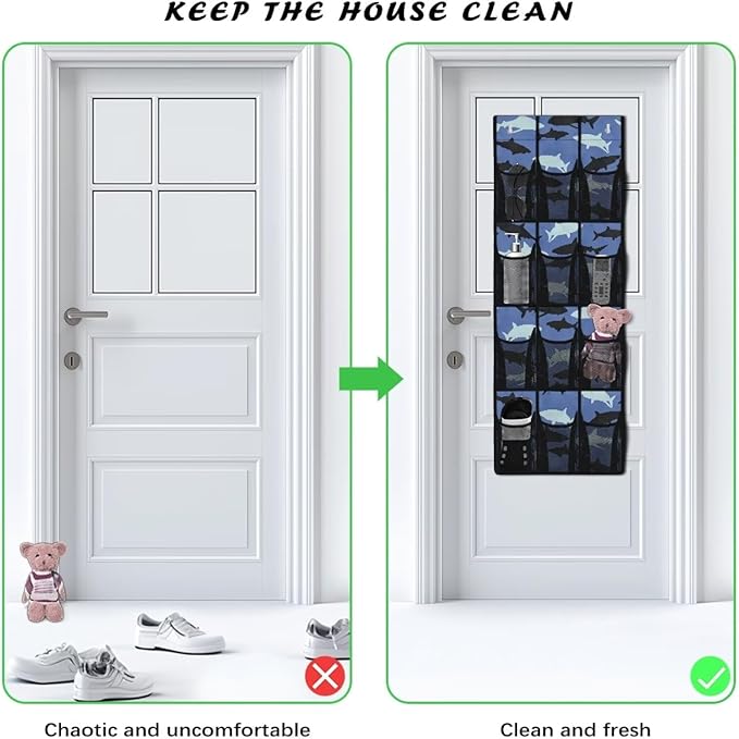 Blue Door Hanger Organizer Mesh Fabric 12 Pockets Over The Door Shoe Organizer for Camping Sharks Wall Hanging Storage Easy to Install Shoe Holder Hanger