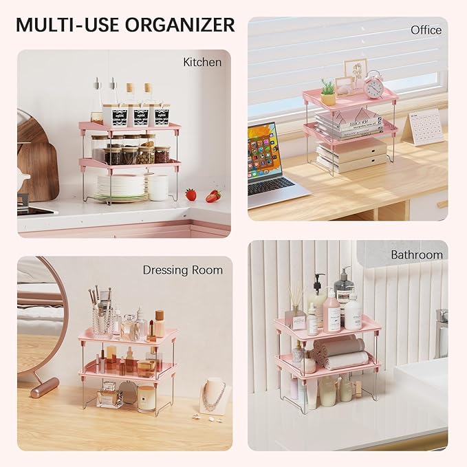 STARLATTA 2 Pcs Cabinet Organizer Shelf，Stackable Kitchen Counter Shelves, Spice Rack,Countertop Organizers，Pink Plastic Storage Shelves Rack for Makeup，Bathroom, Cupboard，Desk，Pantry Organization