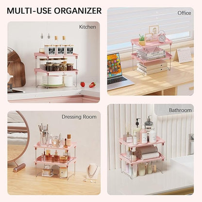 STARLATTA 2 Pcs Cabinet Organizer Shelf，Stackable Kitchen Counter Shelves, Spice Rack,Countertop Organizers，Pink Plastic Storage Shelves Rack for Makeup，Bathroom, Cupboard，Desk，Pantry Organization