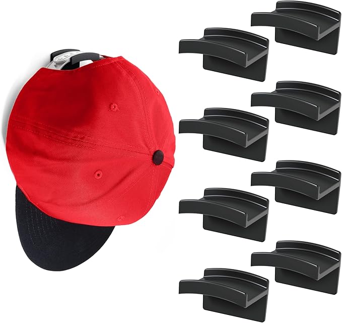 Modern JP Adhesive Hat Hooks for Wall (8-Pack) - Minimalist Hat Rack Design, No Drilling, Strong Hold Hat Hangers - USA Patented, Black
