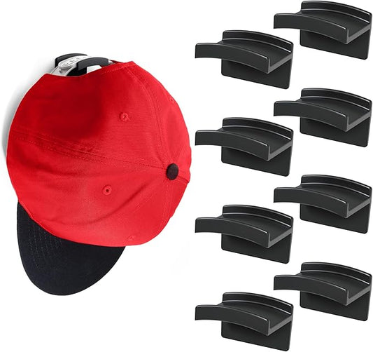 Modern JP Adhesive Hat Hooks for Wall (8-Pack) - Minimalist Hat Rack Design, No Drilling, Strong Hold Hat Hangers - USA Patented, Black