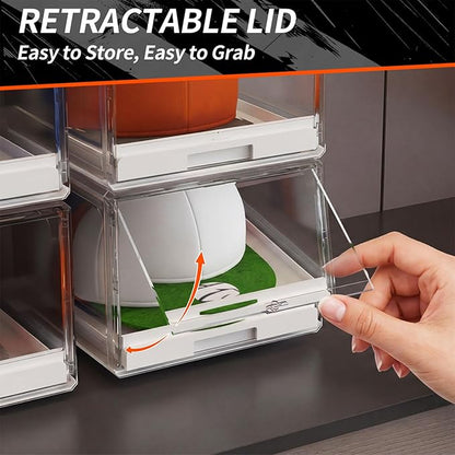 2 Pack Hat Organizer for Baseball Caps, Clear Hats Holder Box with Drawer for Closet, Large Cap Storage with Sliding Tray, Stackable Rack Display Case with Magnetic Door, Each Holds 12 Hats