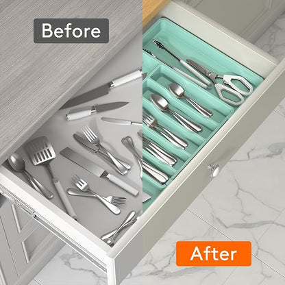 Lifewit Silverware Drawer Organizer, Expandable Utensil Tray for Kitchen, BPA Free Flatware and Cutlery Holder, Adjustable Plastic Storage for Spoons Forks Knives, 13-22 x 15", Turquoise