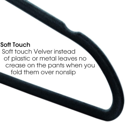Elama 100 Piece Set of Velvet Slim Profile Heavy Duty Felt Hangers with Stainless Steel Swivel Hooks in Black