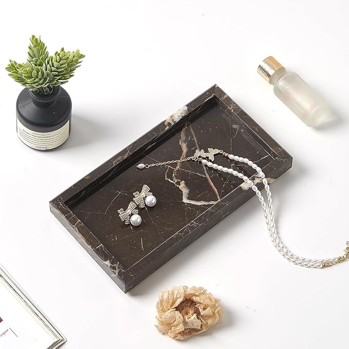 Natural Small Marble Vanity Tray, Luxury Stone Organizer for Bathroom & Kitchen | Holds Soap Dispenser, Jewelry, Perfume | Non-Resin, Non-Ceramic Décor