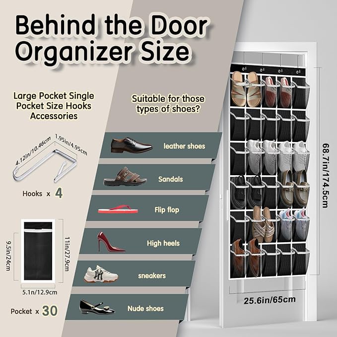 Kotkn Over the Door Shoe Organizer with 30 Breathable Mesh Pockets - Large Capacity Closet Storage for Men & Women, Hanging Shoe Rack Organizer (Black, 30-Pocket)