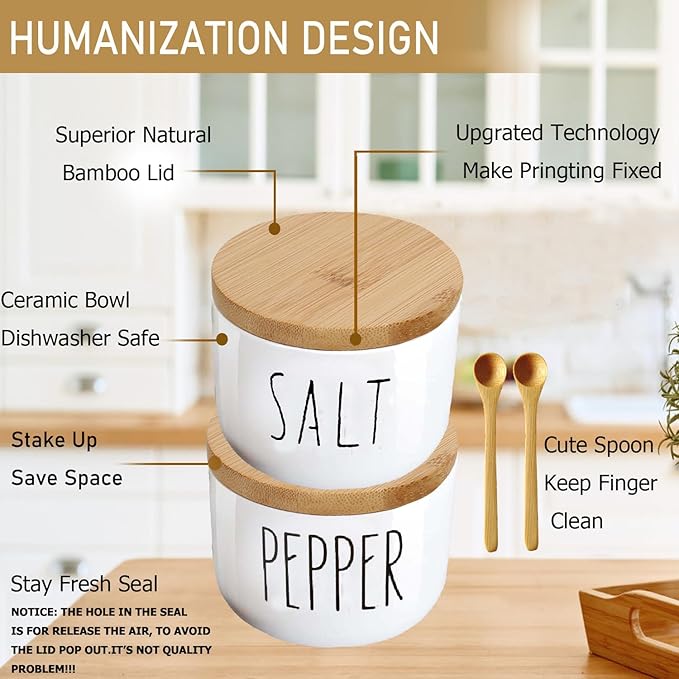 Farmhouse Salt And Pepper Bowls, Stacked Ceramic Salt Cellar With Bamboo Lid, Salt Container With Lid And Spoon, Modern Farmhouse Kitchen Decor, Salt Box