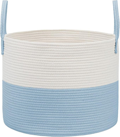 JMvicyroam 65L Extra Large Blanket Basket for Living Room - Woven Cotton Rope Laundry Hamper with Reinforced Handles - Storage Bin for Pillows, Comforters & Toys - Machine Washable,White&Blue