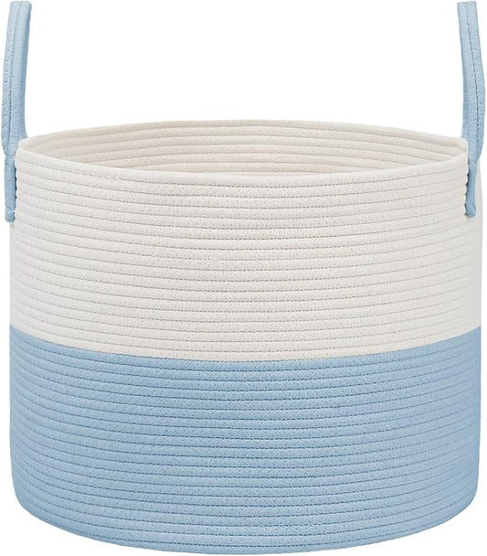JMvicyroam 65L Extra Large Blanket Basket for Living Room - Woven Cotton Rope Laundry Hamper with Reinforced Handles - Storage Bin for Pillows, Comforters & Toys - Machine Washable,White&Blue