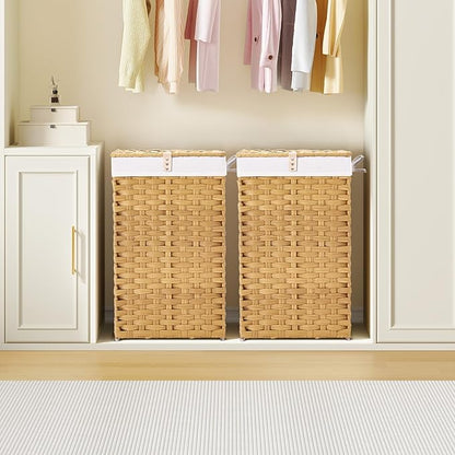 GREENSTELL Laundry Hamper with Lid, 60L Clothes Hamper with 2 Removable Liner Bags & 2 Mesh Laundry Bags, Handwoven Synthetic Rattan Laundry Basket for Clothes, Toys in Bathroom, Bedroom Natural