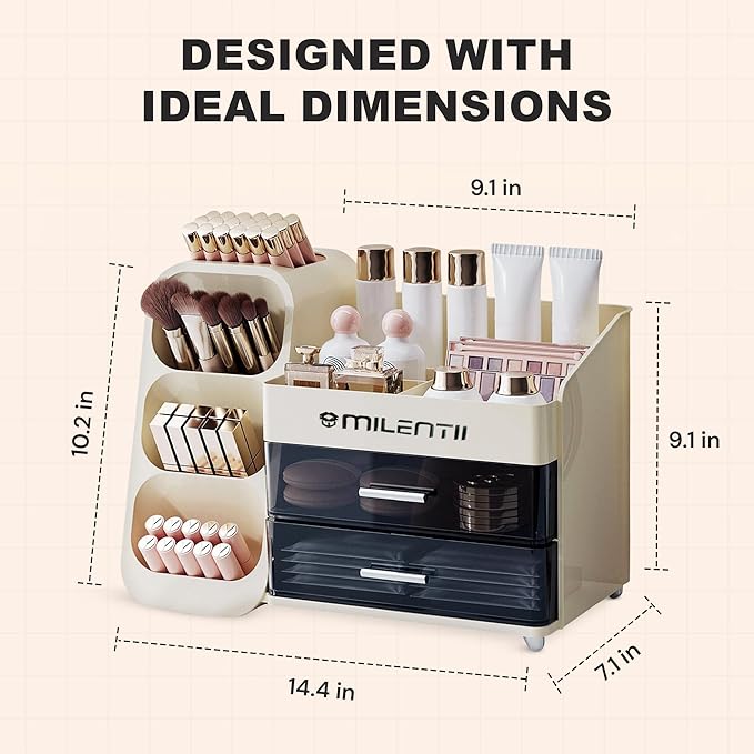 Makeup Organizer with Drawers, Large Capacity Cosmetic & Skincare Storage Box, Countertop Vanity Organizer for Bathroom, Bedroom & Dresser, ABS Plastic Makeup Storage Organizer, Ivory