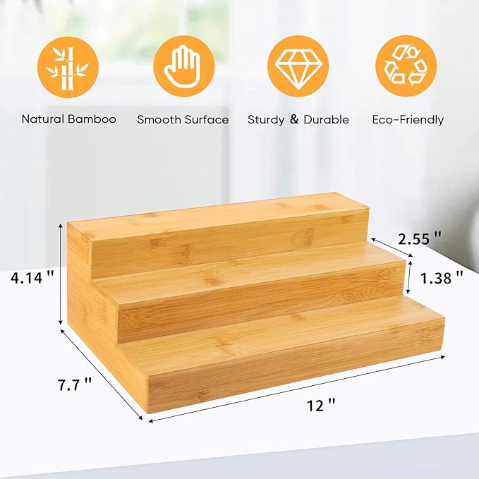 Bamboo Spice Rack Organizer for Cabinet 2 Pack - 3 Tier Countertop Step Shelf, Seasoning Storage Stand for Kitchen Pantry, Spice Holder for Jars Bottles Cans (Natural)