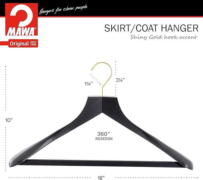 MAWA by Reston Lloyd, European Wooden Hanger, Beech Wood Body Form Hanger with Wide Supportive Shoulders, Rotating Gold Hook, Black Finish, for Shirts, Blazers, Pants, Dress Clothes Hanger, Set of 2