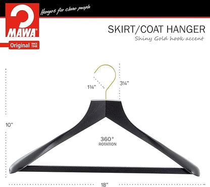 MAWA by Reston Lloyd, European Wooden Hanger, Beech Wood Body Form Hanger with Wide Supportive Shoulders, Rotating Gold Hook, Black Finish, for Shirts, Blazers, Pants, Dress Clothes Hanger, Set of 2