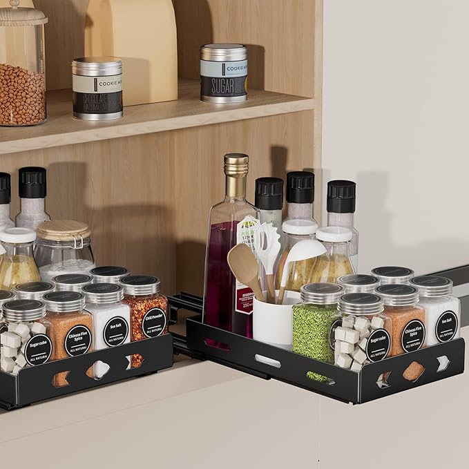 BOIVSHI Pull Out Spice Rack Organizer for Cabinet, Heavy Duty-Slide Out Spice Rack, Vertical Spice Rack for Kitchen Cabinet and Pantry (6.3''Wx10.5''Dx2.8''H, Metal Black)