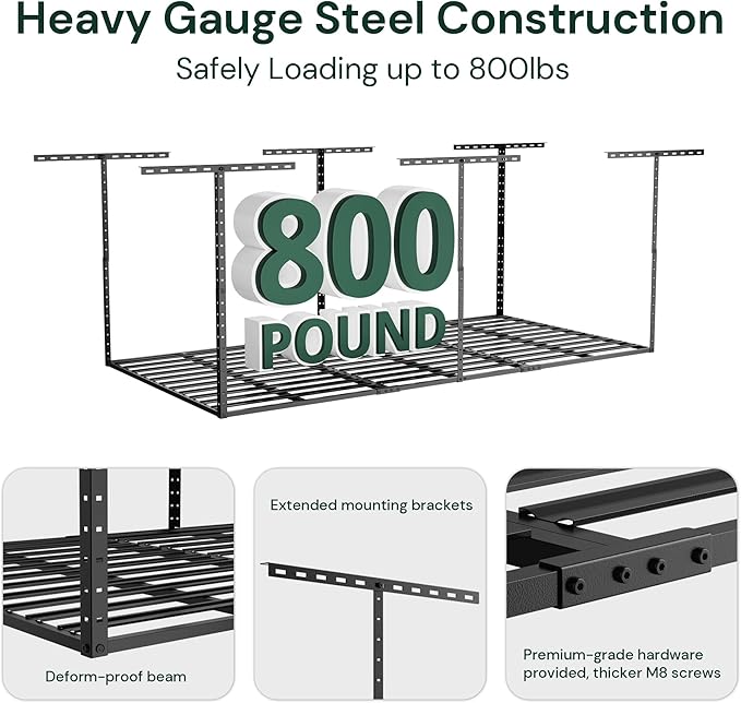 SunsGrove 4x6 Overhead Garage Storage Rack Organization, Adjustable Ceiling Mounted Storage Racks, 800LBS Weight Capacity, 22"-40" Ceiling Dropdown, Hammertone Black