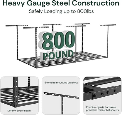 SunsGrove 4x6 Overhead Garage Storage Rack Organization, Adjustable Ceiling Mounted Storage Racks, 800LBS Weight Capacity, 22"-40" Ceiling Dropdown, Hammertone Black