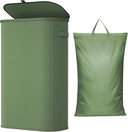 Lifewit Slim Laundry Basket with Lid, Narrow Large Laundry Hamper with Plastic Handles and Removable Bag, Tall Foldable Dirty Clothes Hampers for Laundry Room, Bedroom, Bathroom, Dorm, 65L Green