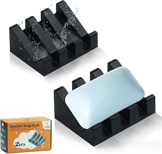 2 Pack Self Draining Silicone Soap Dish for Shower & Kitchen - Waterfall Bar Soap Holder Tray, Non-Slip Soap Saver Keeps Soap Dry, Easy to Clean, Extends Soap Life (Black)