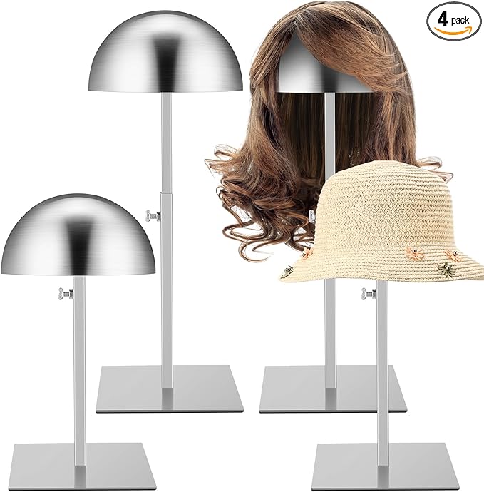 Sintuff 4 Pcs Hat Display Stand:adjustable 7.9-15.7inch Wigs Head Holder Stand Non Slip Stainless Steel Metal Rack for Multiple Hats Wig Storage Styling Practice(Silver,Square Base)