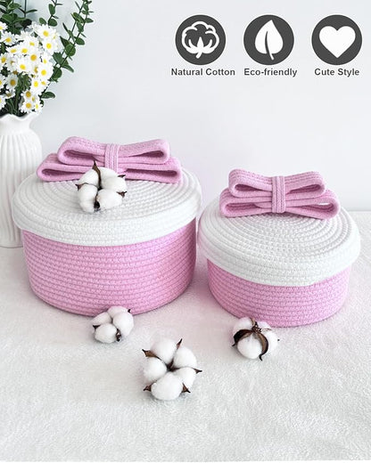 Cute Storage Baskets with Lids, Small Round Woven Rope Basket with Lid, Small Toy Box for Kids or Cat, Cute Basket for Gift, Decorative Basket with Chic Bow Handle, Pink