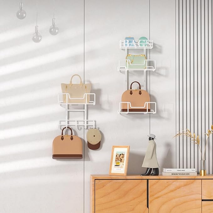 HapiRm Over Door Purse Organizer - Adjustable Purse Storage Rack with Bags Design Metal Basket, Wall Mounted Handbag Organizer, Hanging Handbag Holder, Can Use As 1/2 Part Detachable, White