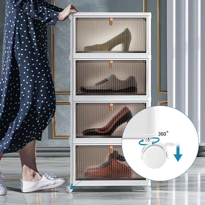Shoe Storage Box 6 Pack Clear Plastic Stackable Shoe Organizer with Magnetic Door and Wheels for Sneakers Boots Closet Entryway (3 Tier)