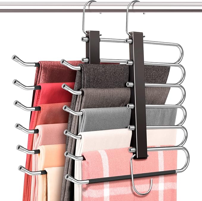 HUITEM Space Saving 6 Tier Pant Hangers, Anti-Slip, Stainless Steel, 2 Pack, Black