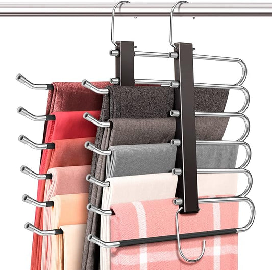 HUITEM Space Saving 6 Tier Pant Hangers, Anti-Slip, Stainless Steel, 2 Pack, Black