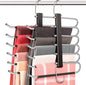 HUITEM 4 Pack 6-Tier Space Saving Pant Hangers, Anti-Slip, Lightweight, Stainless Steel, Black, 6 Pairs Jeans Hangers