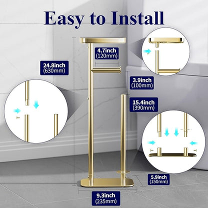 Kitsure Toilet Paper Holder Free Standing – Rustproof Metal Toilet Paper Stand for 4 Rolls with Anti-Slip Base and Shelf for Phone & Small Items, Bathroom Organizers and Storage, Medium, Chrome Gold