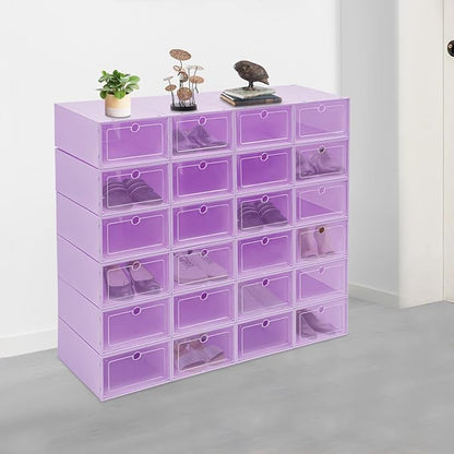 Shoe Storage Boxes Organizers, Clear Plastic Stackable 24 Pack, Shoe Rack & Holder Substitute, Sneaker Containers, Toy Storage Organizer Bins for Entryway, Closet, Under Bed, Purple