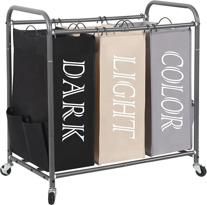 STORAGE MANIAC 3 Section Laundry Sorter, 35.9 Gal (136 L) Laundry Hamper Cart with Heavy Duty Rolling Lockable Wheel and Removable Bag, Clothes Organizer Basket Clothes Separator Hamper, Multicolored