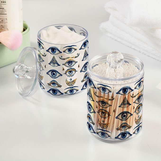 Magical Evil Eye Qtip Holder Dispenser Celestial Suns Moons Stars Bathroom Canister Storage Organization 2 Pack Clear Plastic Apothecary Jars with Lids Vanity Makeup Organizer For Cotton Swab Ball F