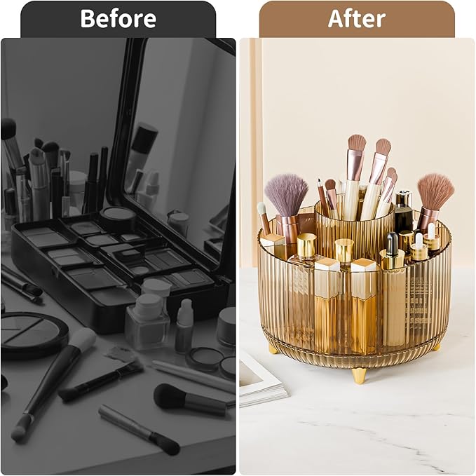 Clear Rotating Makeup Organizer Countertop for Vanity, 360° Makeup Brush Holder Organizer with 5 Compartments, Transparent Cosmetic Storage for Lipstick, Skincare, Bathroom Counter (Transparent Amber)