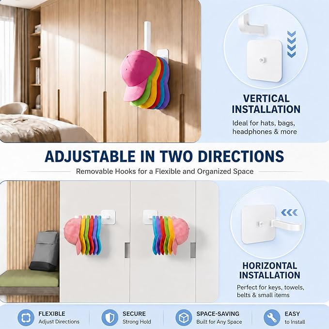Hat Organizer 4 Pack, Hat Rack for Baseball Caps Holds 10+ Caps Each, Hat Hooks for Wall, Strong Adhesive & Screw Mount Hat Holder, Space Saving Storage for Closet Door Bedroom, RV Accessories, White