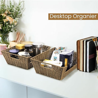 2 Pack Open Front Storage Baskets, Brown Paper Rope Woven Basket with Built-in Handles, 13''W x 10.6''D x 4.7''H Pantry Organzier Bins for Shelf, Bedroom, Living Room, Pantry