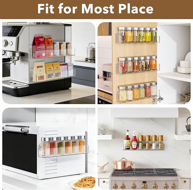 Transparent Acrylic Adhesive Spice Rack with Strong Adhesive Tape, Suitable for Kitchen Cabinet, Refrigerator, Pantry, Wall-Mounted Seasoning Rack (2 Pack) Remove Matte Protective Film Before Use