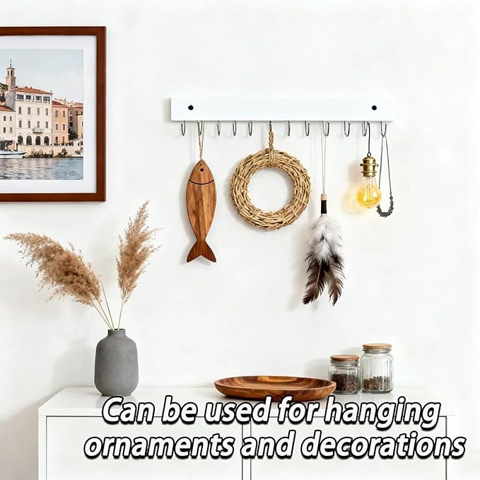 2 PCS White Hanging Jewelry Organizer, Wooden Wall Mounted Necklace Holder with 28 Hooks, Jewelry Display Hangers, Coat Rack Belt Organizer for Bags, Ties, Keys(White)
