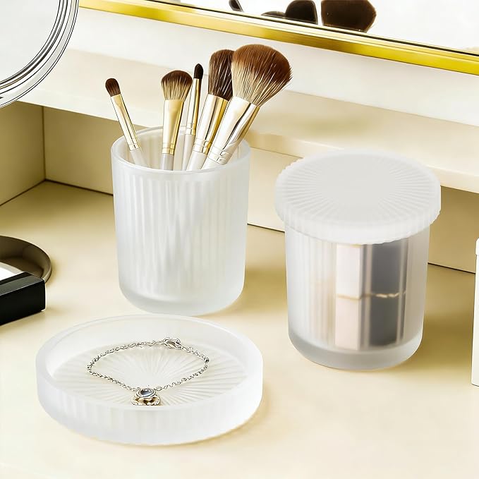 Glass Qtip Dispenser 2 Pack, Clear Bathroom Storage Organizer for Cotton Swabs, Balls, Pads & Floss Picks, Vanity Makeup Essential Accessories (Frosted white)