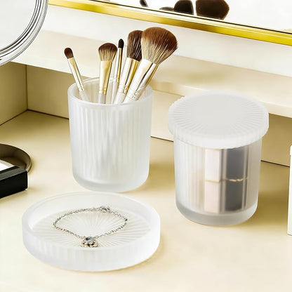 Glass Qtip Dispenser 2 Pack, Clear Bathroom Storage Organizer for Cotton Swabs, Balls, Pads & Floss Picks, Vanity Makeup Essential Accessories (Frosted white)