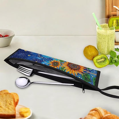 COEQINE Sunflower Utensil Case For Travel Blue Starry Sky Print Cutlery Flatware Organziers for Straw Spoon Fork Chopsticks Travel Frok Spoon Knife With Case And Handle