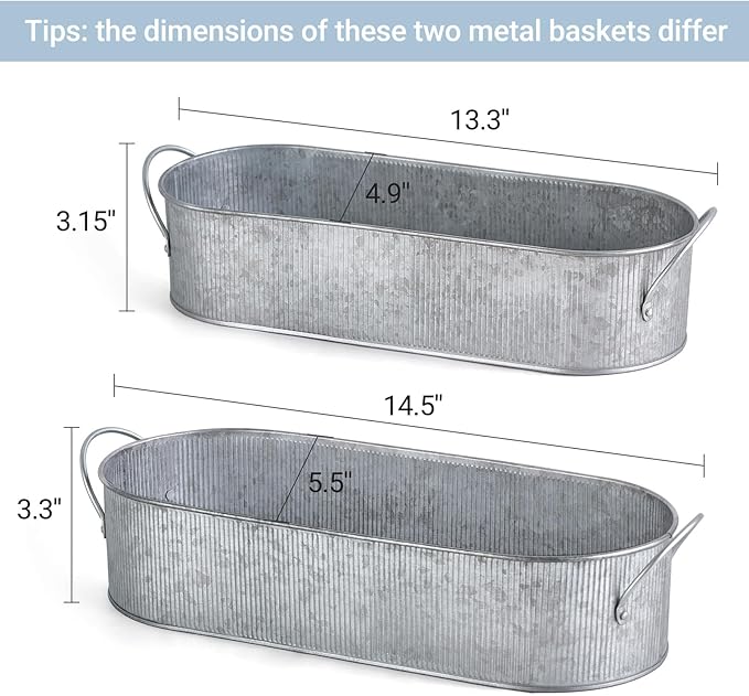 Mkono Metal Storage Basket for Toilet Tank Top Bathroom Decor, Galvanized Tray with Handle for Shelves, Farmhouse Toilet Paper Holder Organizing Bin Box for Countertop Living Room, Set of 2, Silver
